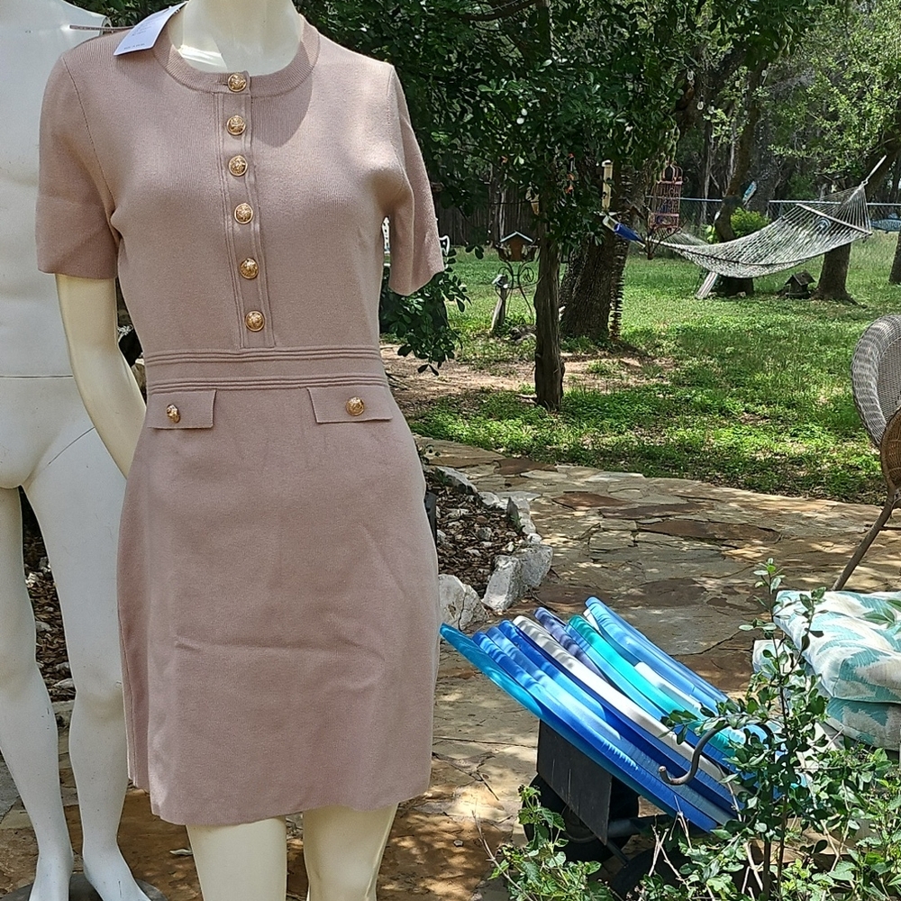 New W Tags MEROKEETY Tan Viscose Knit Sweater Dress Size Small Button Front